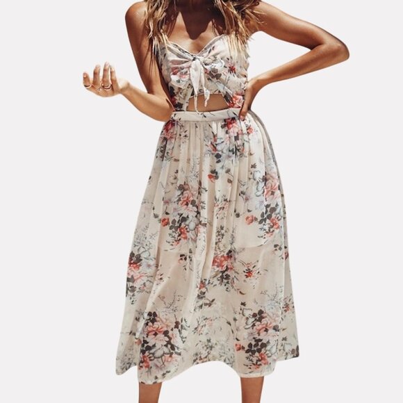 NWT Hello Molly Floral Midi Dress US 4 NEW Day of Destiny Cream Pink Halter Tie - Picture 1 of 8
